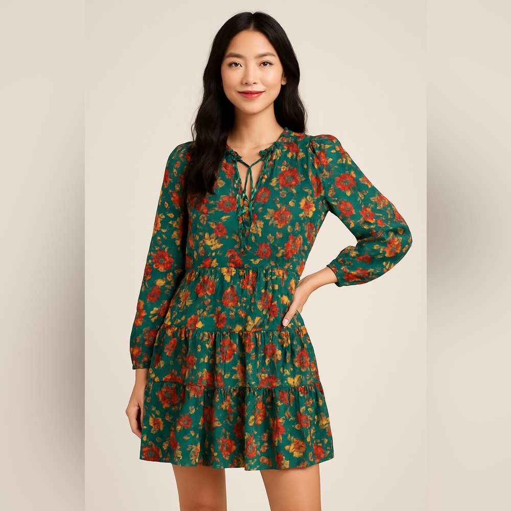 NWT Frye Green Botanical Floral Dress Sz S Peasant Ruffles Tiered Tassles Boho *